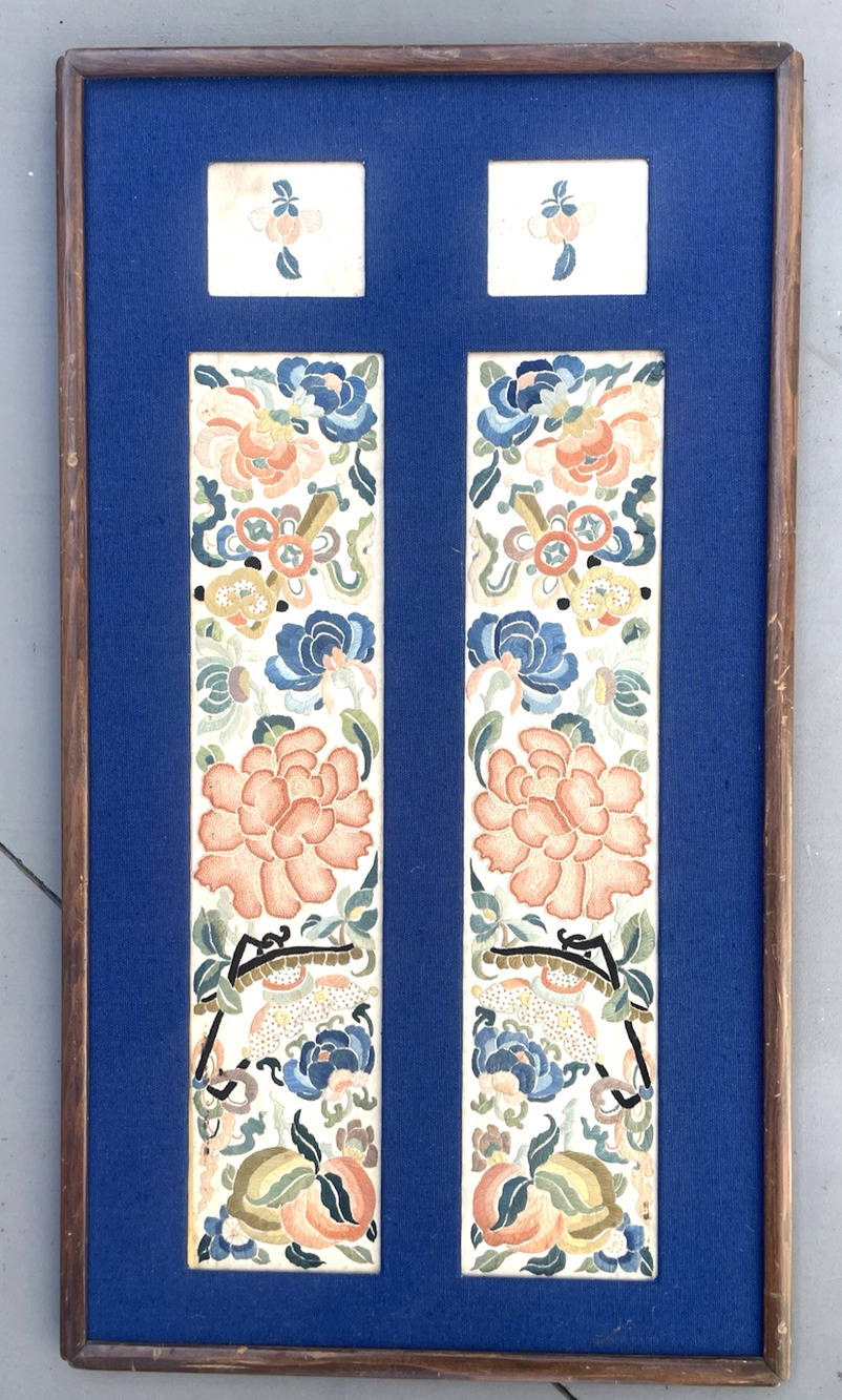Antique Qing Dynasty Chinese Silk Embroidery Panel Framed Floral 25”